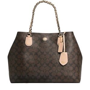 Coach Peyton Signature Chain Tote Brown Tan Canvas Gold Hardware